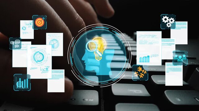 Digital Concept of Innovation and Data Insight with Overlayed Graphics of Human Brain, Target, Charts, and Technology on a Keyboard Background. Entropy.