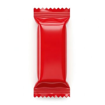 Red candy wrapper with scalloped edges standing upright