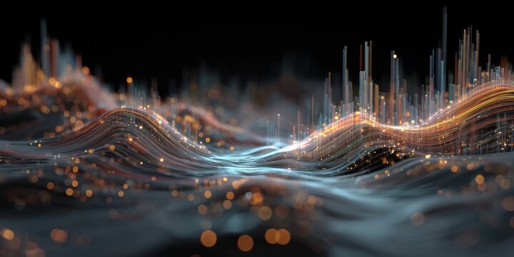 Abstract data visualization with flowing lines and glowing particles against a dark background