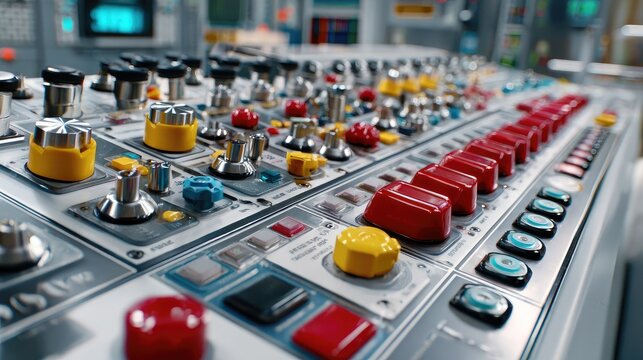 Control Panel Interface: A complex control panel with an array of buttons, knobs, and switches, suggesting advanced technology and industrial operation.