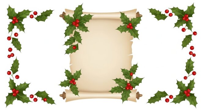 Decorative scroll with holly and berries festive border