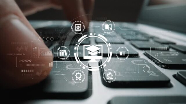 Digital Education Concept with Graduation Cap Icon and Technology Symbols Over Laptop Keyboard for Online Learning and E-Learning Background. Entropy.