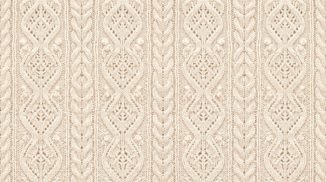 Cream Cable Knit Fabric Texture with Intricate Aran Stitch Patterns in Soft Natural Light