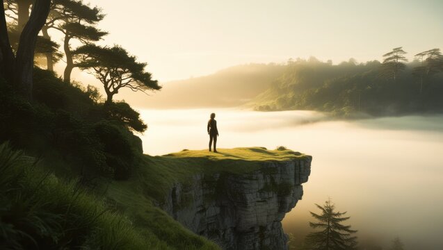 Cinematic Nature Photography Of A Lone Silhouetted Figure Watching Sunrise Above A Fog Covered Valley Surrounded By Tall Pine Trees And Golden Atmospheric Light