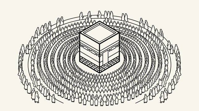 Pilgrims Circling the Kaaba During Hajj Line Art Style Vector Illustration