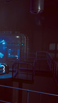 A captivating blue glow fills an industrial area filled with pipes and metal structures. Shadows dance as the light reveals textures and hidden corners, creating an enigmatic atmosphere.