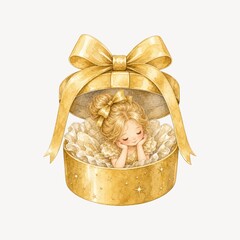 Fototapeta premium Illustration of a child in a golden gift box. Gift box with bow. Child in gift box.