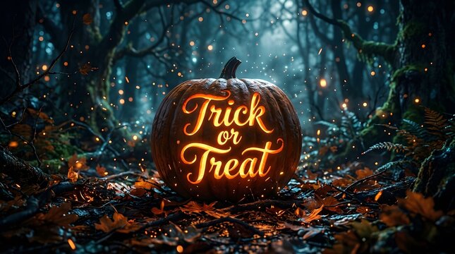 A glowing carved pumpkin with trick or treat text in a dark mysterious forest for happy halloween celebration