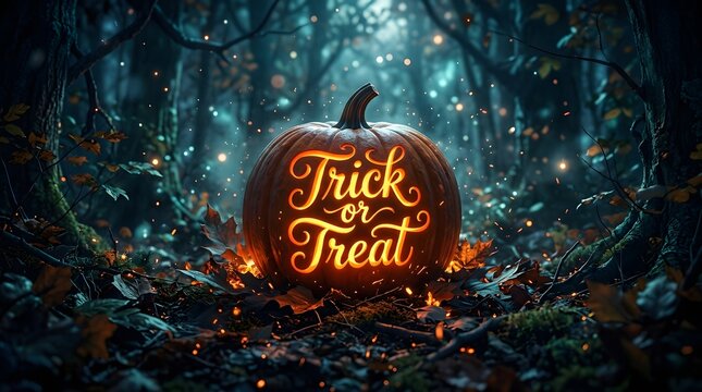 A magical forest scene with a glowing pumpkin featuring trick or treat text for a happy halloween celebration