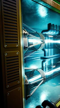 Bright blue beams of energy shoot from a complex generator in a futuristic setting. The sleek design showcases advanced technology, illuminating the scene with an otherworldly glow.