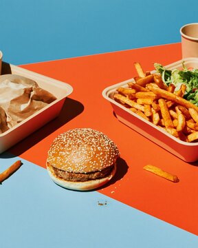 Sesame seed burger and golden fries in eco-friendly packaging on a vibrant two-tone background with copy space for sustainable food branding