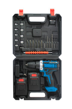 Blue electric drill in black case with accessories. Red and black batteries sit neatly beside tool. Drill bits, screwdriver bits, and drill driver arranged.  