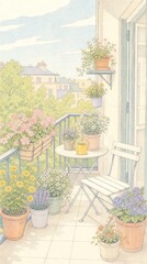 Obraz premium Pastel balcony with flowers, table, and chair. Ideal mobile wallpaper.