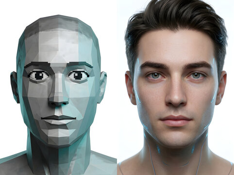 Low poly 3D model head and realistic human male face side by side, digital character creation and facial recognition technology concept. Polygonal mesh wireframe avatar next to a photorealistic