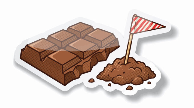 Chocolate bar with small flag on soil pile.