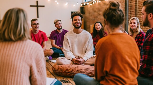 Diverse young adults sitting in a circle for a bible study, featuring soft and a cozy knit aesthetic for youth ministry and faith community concepts