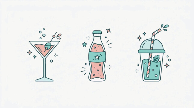 Colorful Illustrated Cocktail Soda and Drink Icons.
