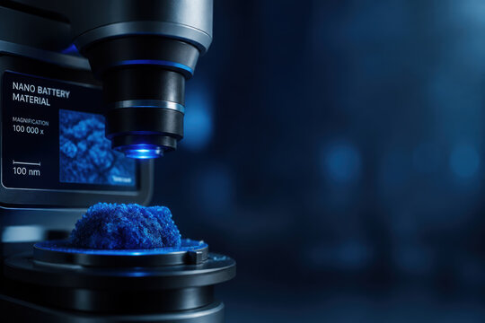 Nanomaterial research under microscope for next gen batteries in dark blue laboratory light