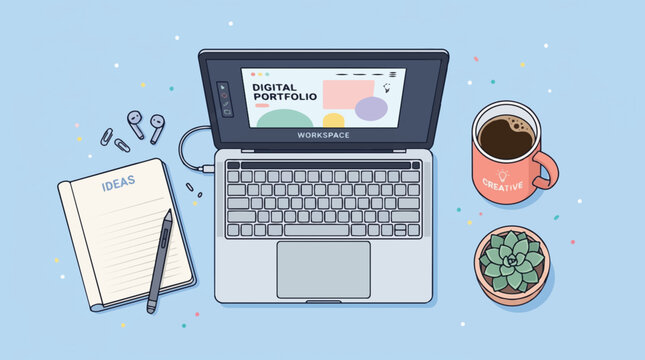 Flat design workspace with laptop and coffee cup.
