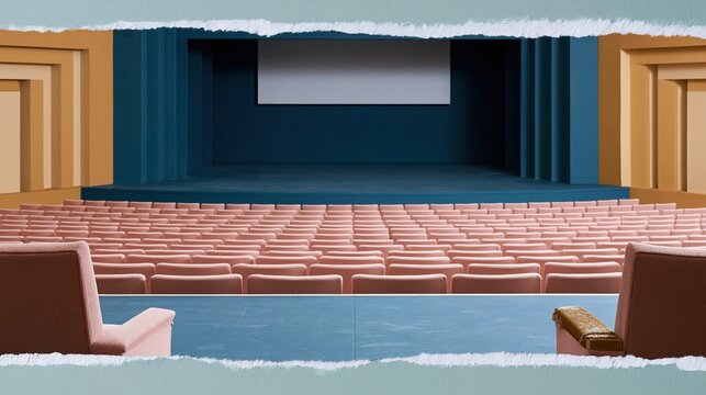 Empty auditorium interior with tiered seating and a blank projection screen on a teal stage for event and conference presentation mockups