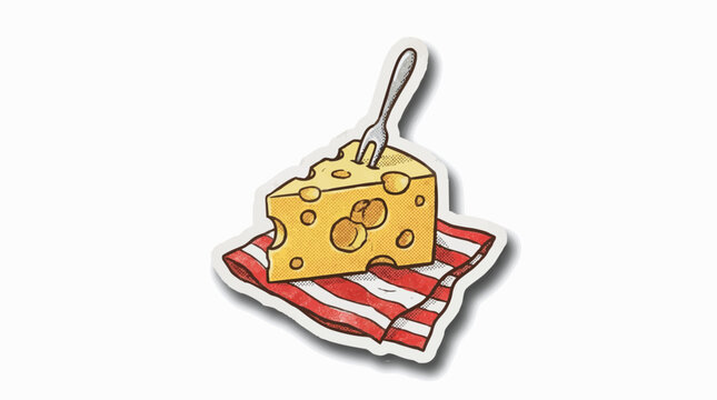 Illustrated cheese wedge with knife on checkered cloth.