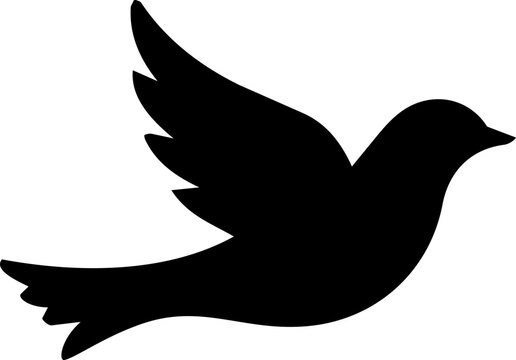 Black flying dove silhouette isolated on white background representing international peace day with minimalist graphic design style