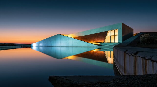 Minimalist brutalist concrete structure reflecting in still water under a gradient dusk sky for architectural and modern design concepts