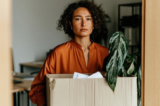 A woman with curly hair holding a cardboard box of personal belongings in an office, carrying a green plant and papers with a serene yet somber expression for career transition and layoff concepts
