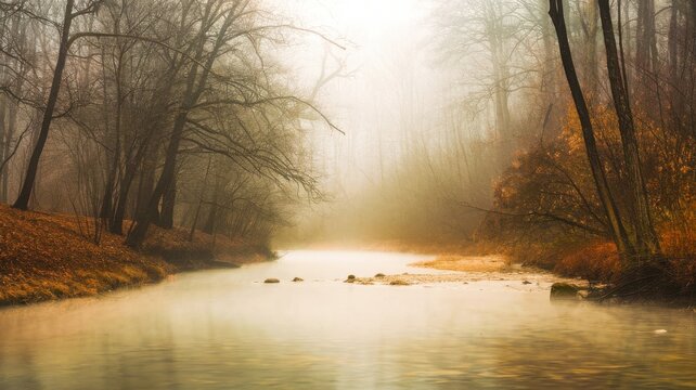 High resolution sunrise landscape with winding river thin layers of mist mirrorlike water vibrant green countryside pine tree silhouettes cinematic realistic outdoor photography