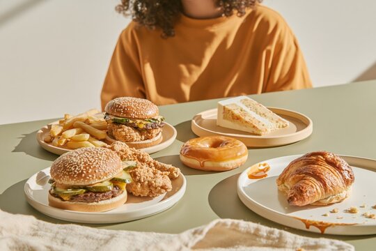 A spread of fast food and desserts on a green table with a person in orange for nutrition awareness and healthy lifestyle campaigns