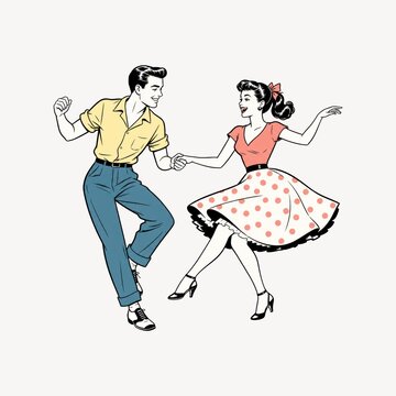 Retro illustration of a couple dancing in vintage 1950s attire.