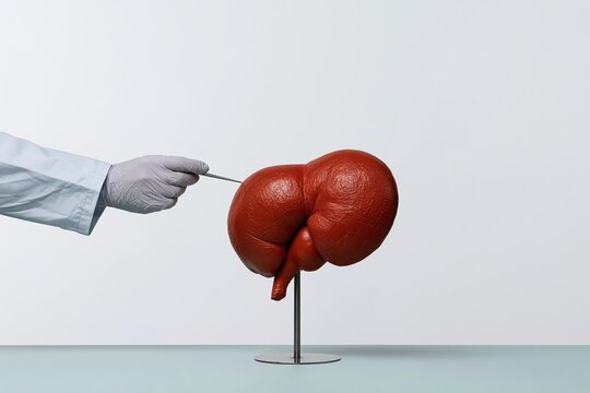 Anatomical pancreas and gallbladder model on a metal stand being pointed at with a probe for digestive health and pancreatitis education
