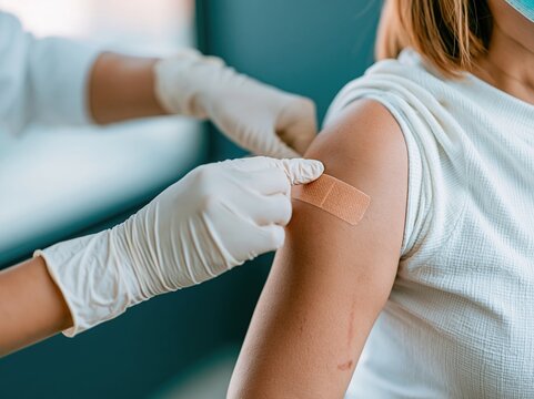 Close up of a gloved hand applying an adhesive bandage to a patients arm, featuring soft window light and a clean clinic setting for vaccination and healthcare concepts
