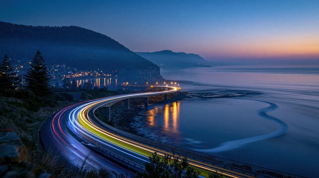 traffic light trails curve along a coastal highway at twilight, creating vibrant glowing streaks for transportation and futuristic concepts