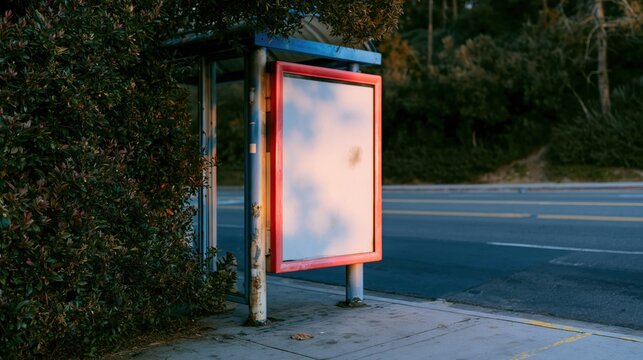 Blank billboard at a bus stop with a red frame in a cinematic evening scene, featuring weathered textures and a glowing white panel for advertisement mockup