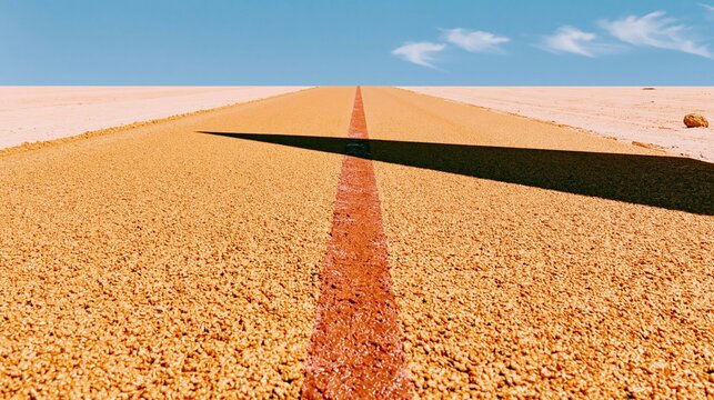 Textured asphalt road with a red center line stretching to the horizon under a peach sky for infrastructure and travel concepts