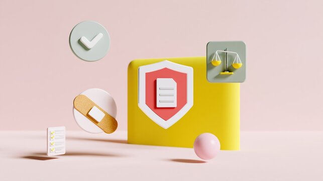 Shield and document icon for compliance and regulation with floating symbols over a buttery yellow and pale pink background for business standards