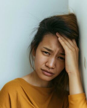 Young woman suffering from a headache and dizziness leaning against a wall, feeling unwell and disoriented for healthcare and wellness concepts