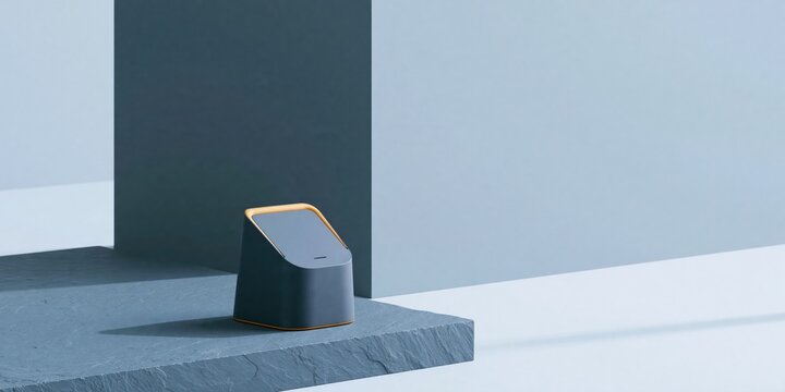 Dark grey self-checkout terminal on a textured slate surface with minimalist composition and copy space for retail technology and fintech design