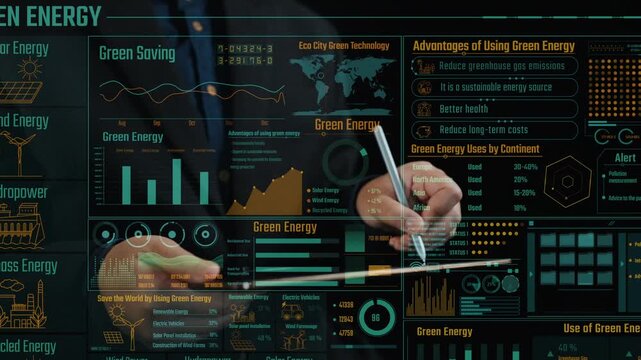 A sleek digital interface showcases various green energy solutions, highlighting solar, wind, and biomass resources through interactive graphs and data visualizations. Cipher