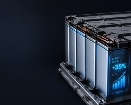 Next gen batteries research, lithium battery pack with blue glow and energy density boost on dark background
