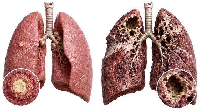 Primary vs Secondary Tuberculosis Lung Anatomy Comparison with Fibrocavitary Disease Medical Illustration