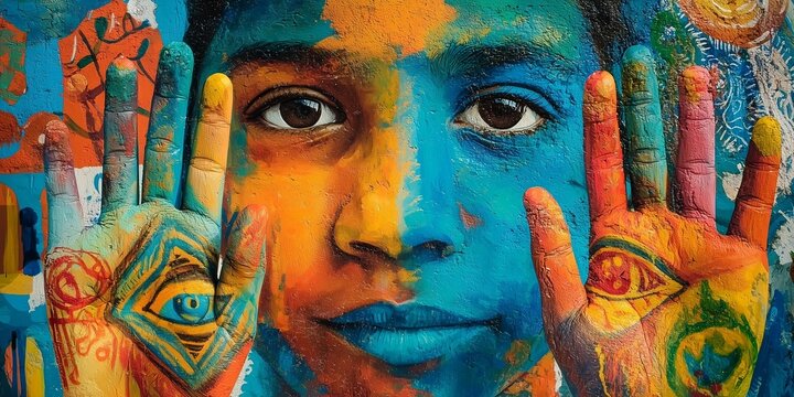 Colorfully Painted Youth Portrait with Raised Hands and Eye Motifs