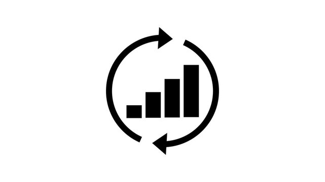 Animated continuous improvement line icon featuring a growth graph animation and rotating cycle flow lines. For process optimization and productivity. Isolated on a white background in 4K resolution. 