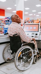 Obraz premium A Black man in a wheelchair using an accessible self-checkout terminal with a glowing screen in a bright retail store for inclusive technology and shopping concepts