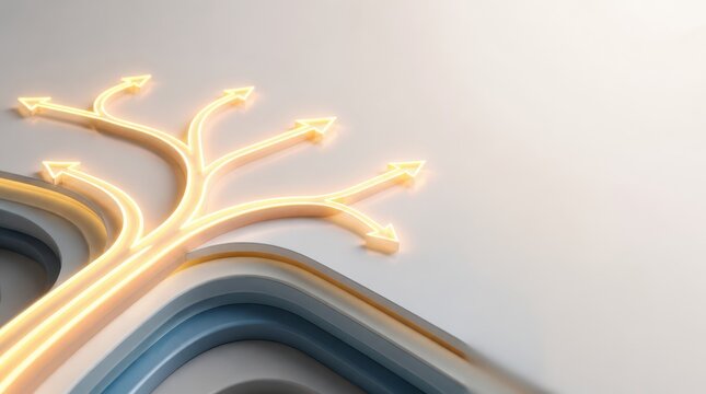 Strategic navigation glowing path concepts. Abstract glowing arrows diverging in multiple directions on smooth curved layers