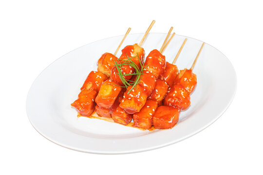 Spicy grilled fish ball skewers isolated on transparent background photo