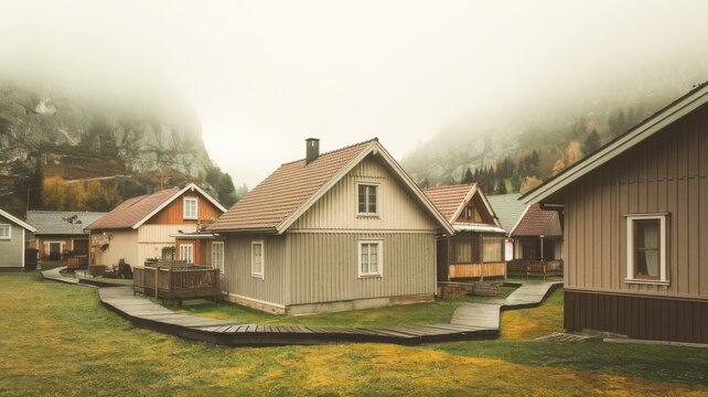 Scenic Nordic countryside village featuring traditional timber cabins winding wooden walkways mist covered mountains muted autumn colors high resolution photorealistic landscape photography