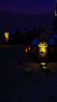 Beneath a star filled sky, glowing structures stand silent and watchful. Crates lie scattered near the entrance, sparking curiosity and hinting at hidden treasures within the alien landscape.