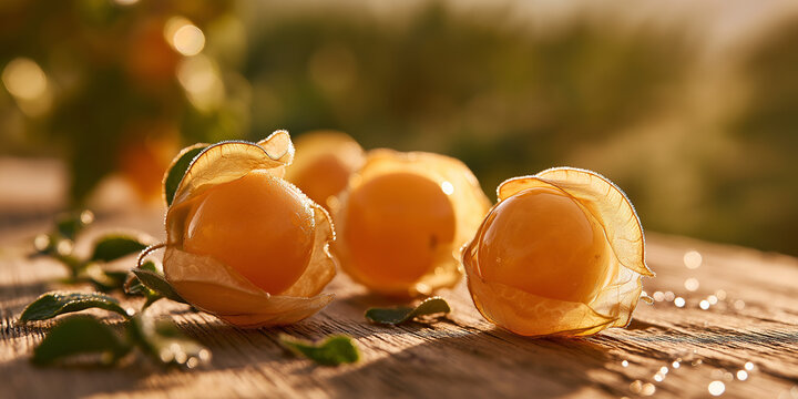 Fresh golden physalis fruit on old wooden table in warm light